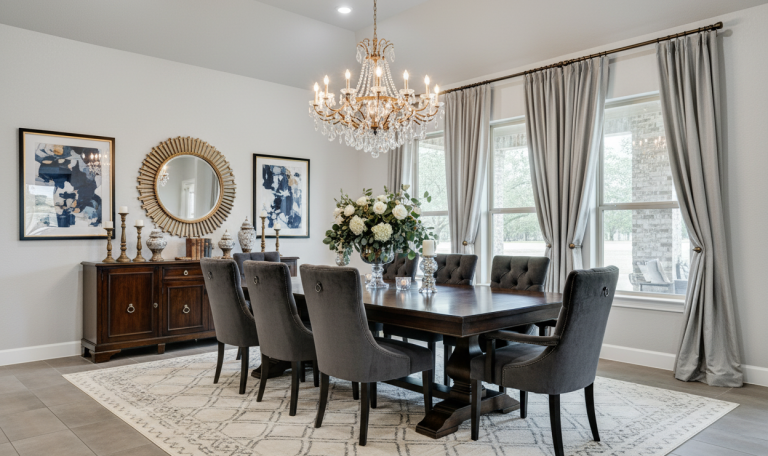 Sophisticated dining area with chandelier and wooden furniture.