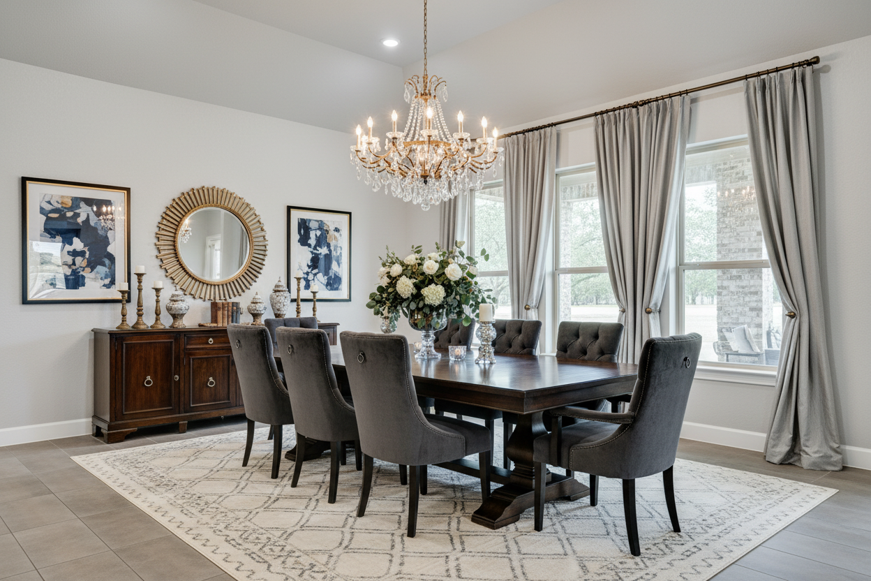 Sophisticated dining area with chandelier and wooden furniture.