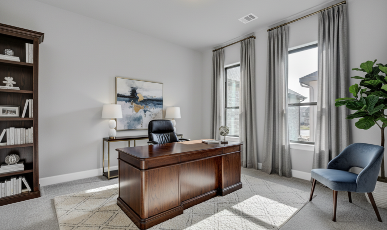 Bright home office with wooden desk and large windows.